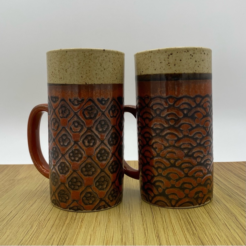 Vintage Tall Stoneware Mugs MCM Glazed Pottery Coffee Set Of 2 Gifts Flaw
